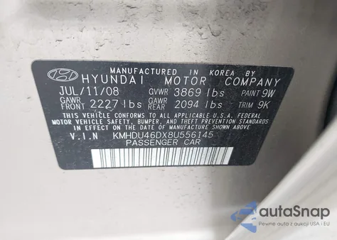 2008 Hyundai Elantra Gls/Se from USA, damaged, VIN KMHDU46DX8U556145